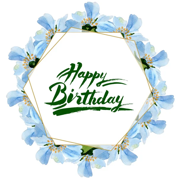 Lindas papoulas azuis com folhas verdes isoladas em branco. ilustração fundo aquarela. Aquarelle desenho aquarelle moda. Moldura borda ornamento fundo. Feliz aniversário inscrição — Fotografia de Stock