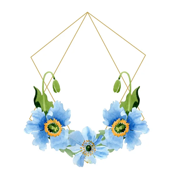 Lindas flores de papoula azul com folhas verdes isoladas em branco. ilustração fundo aquarela. Aquarelle desenho aquarelle moda. moldura borda ornamento cristal . — Fotografia de Stock