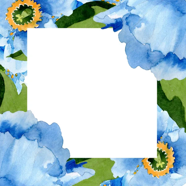 Beautiful blue poppies with green leaves isolated on white. Watercolor background illustration. Watercolour drawing fashion aquarelle. Frame border ornament background. — Stock Photo