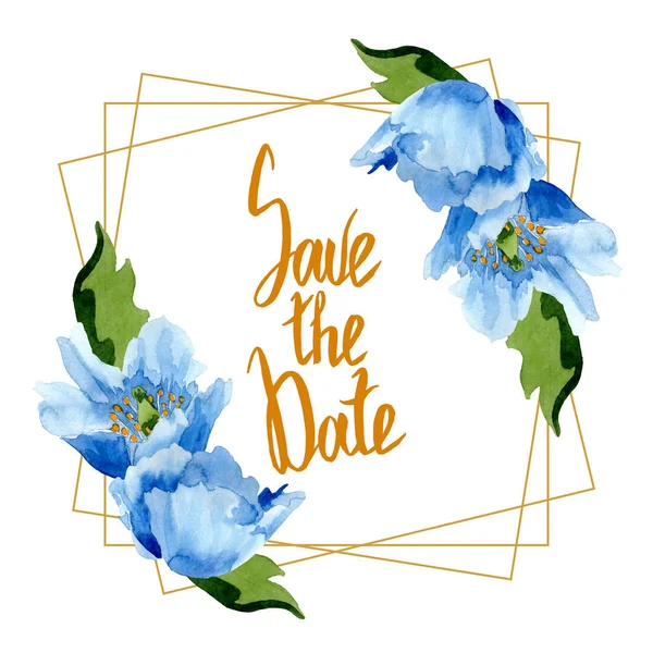 Beautiful blue poppies with green leaves isolated on white. Watercolor background illustration. Watercolour drawing fashion aquarelle. Frame border ornament background. Save the date inscription — Stock Photo