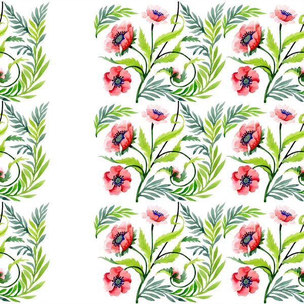 Ornament mit schönen roten Mohn und Blättern. Aquarell-Hintergrundillustration. nahtlose Hintergrundmuster. Stoff Tapete drucken Textur. — Stockfoto