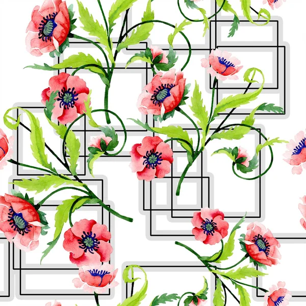 Ornament with beautiful red poppies and leaves. Watercolor background illustration. Seamless background pattern. Fabric wallpaper print texture. — Stock Photo