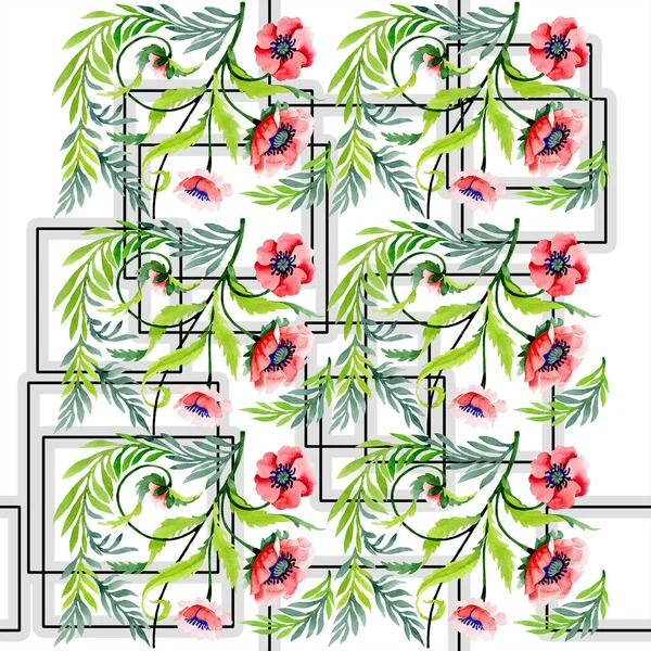 Ornamento com belas papoulas vermelhas e folhas. ilustração fundo aquarela. Padrão de fundo sem costura. Tecido papel de parede impressão textura . — Fotografia de Stock