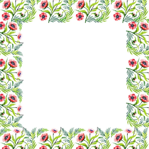 Ornamento con bellissimi papaveri rossi isolati su bianco. Illustrazione acquerello sfondo. Acquerello disegno moda acquerello. Bordo cornice ornamento floreale . — Foto stock