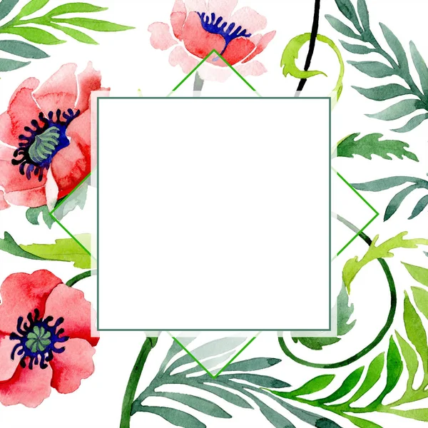 Adorno con hermosas amapolas rojas aisladas en blanco. Ilustración de fondo acuarela. Acuarela dibujo moda aquarelle. Marco borde ornamento floral . - foto de stock