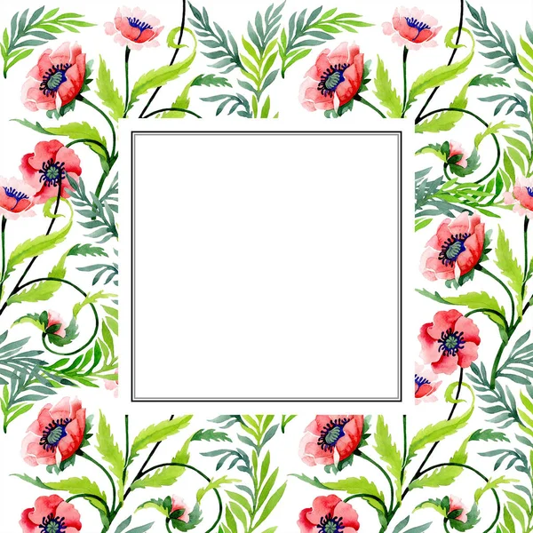 Adorno con hermosas amapolas rojas aisladas en blanco. Ilustración de fondo acuarela. Acuarela dibujo moda aquarelle. Marco borde ornamento floral . - foto de stock