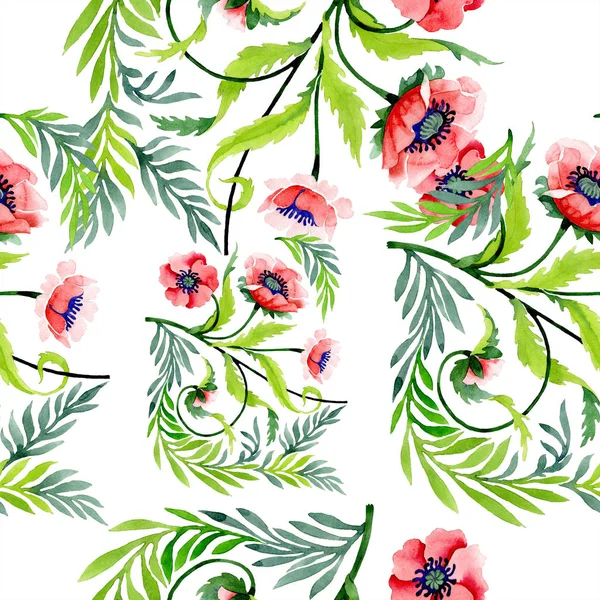 Ornamento com belas papoulas vermelhas e folhas. ilustração fundo aquarela. Padrão de fundo sem costura. Tecido papel de parede impressão textura . — Fotografia de Stock