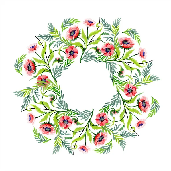 Ornament mit schönen roten Mohn isoliert auf weiß. Aquarell-Hintergrundillustration. Aquarell zeichnen Mode-Aquarell. Rahmen Borte floralen Ornament. — Stockfoto