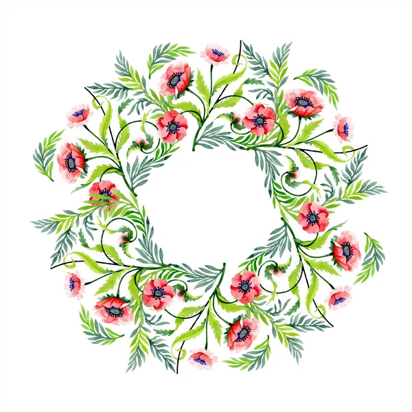 Ornamento con bellissimi papaveri rossi isolati su bianco. Illustrazione acquerello sfondo. Acquerello disegno moda acquerello. Bordo cornice ornamento floreale . — Foto stock