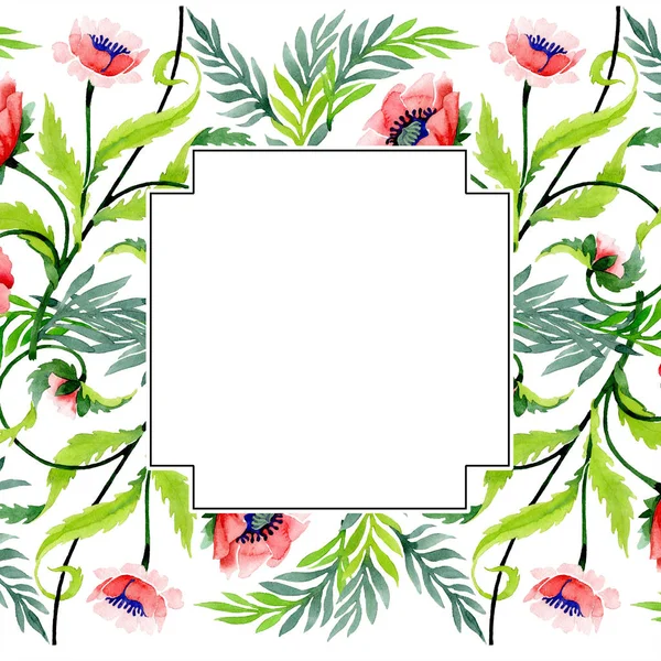 Adorno con hermosas amapolas rojas aisladas en blanco. Ilustración de fondo acuarela. Acuarela dibujo moda aquarelle. Marco borde ornamento floral . - foto de stock