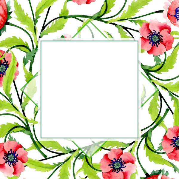 Adorno con hermosas amapolas rojas aisladas en blanco. Ilustración de fondo acuarela. Acuarela dibujo moda aquarelle. Marco borde ornamento floral . - foto de stock