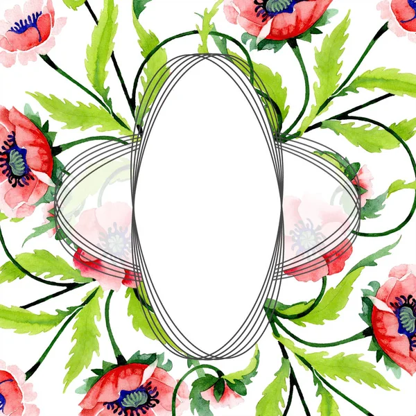 Ornament with beautiful red poppies isolated on white. Watercolor background illustration. Watercolour drawing fashion aquarelle. Frame border floral ornament. — Stock Photo