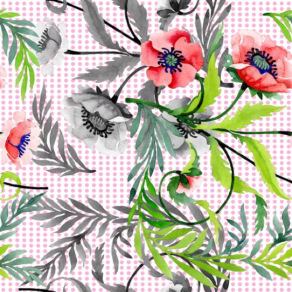Ornament mit schönen roten Mohn und Blättern. Aquarell-Hintergrundillustration. nahtlose Hintergrundmuster. Stoff Tapete drucken Textur. — Stockfoto