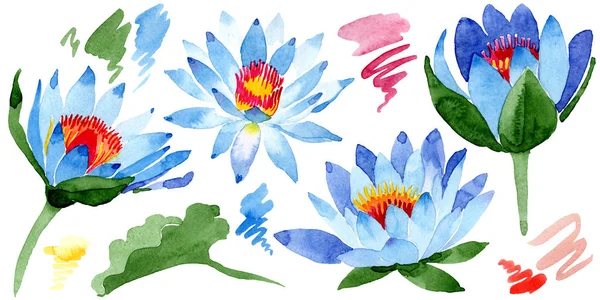 Bellissimi fiori di loto blu isolati su bianco. Illustrazione acquerello sfondo. Disegno ad acquerello moda aquarelle isolato fiore di loto elemento illustrazione . — Foto stock