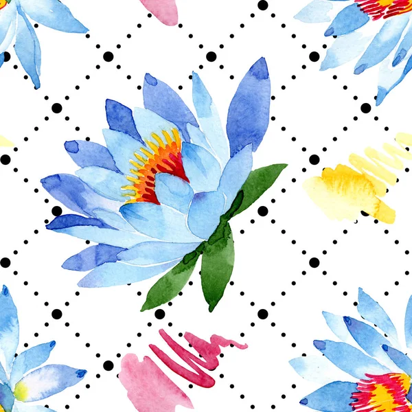 Blaue Lotusblumen. Aquarell-Hintergrundillustration. Aquarell. nahtlose Hintergrundmuster. Stoff Tapete drucken Textur. — Stockfoto