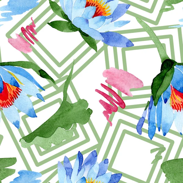 Blaue Lotusblumen. Aquarell-Hintergrundillustration. Aquarell. nahtlose Hintergrundmuster. Stoff Tapete drucken Textur. — Stockfoto