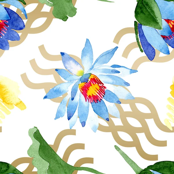 Blue lotus flowers. Watercolor background illustration. Watercolour aquarelle. Seamless background pattern. Fabric wallpaper print texture. — Stock Photo
