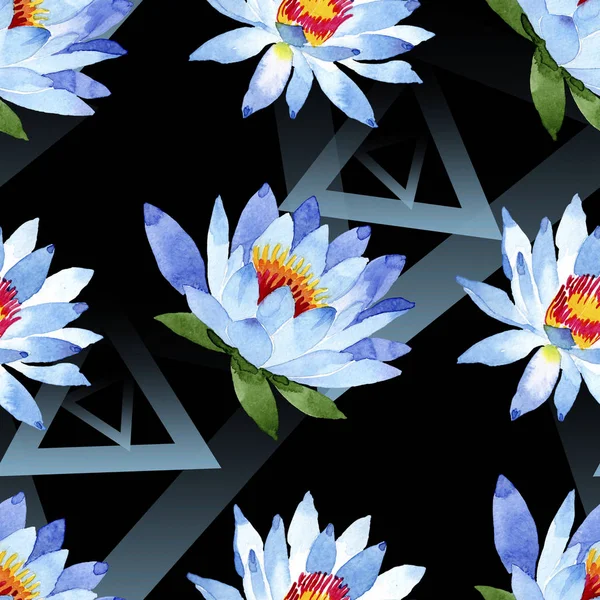 Blue lotus flowers. Watercolor background illustration. Watercolour aquarelle. Seamless background pattern. Fabric wallpaper print texture. — Stock Photo