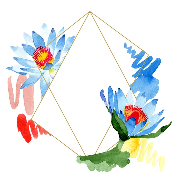 Schöne blaue Lotusblüten isoliert auf weiß. Aquarell-Hintergrundillustration. Aquarell. Rahmen Bordüre Ornament. Kristall Diamant Bergschmuck Mineral. — Stockfoto