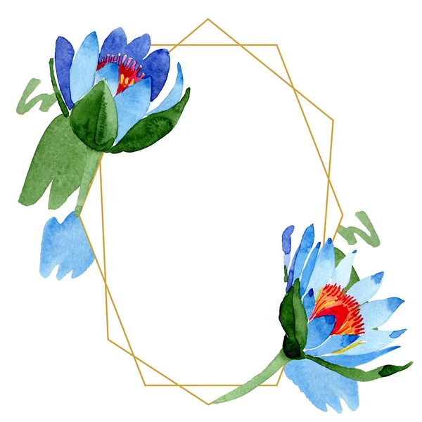 Bellissimi fiori di loto blu isolati su bianco. Illustrazione acquerello sfondo. Acquerello acquerello. Inquadrare ornamento bordo. Cristallo diamante roccia minerale gioielli . — Foto stock
