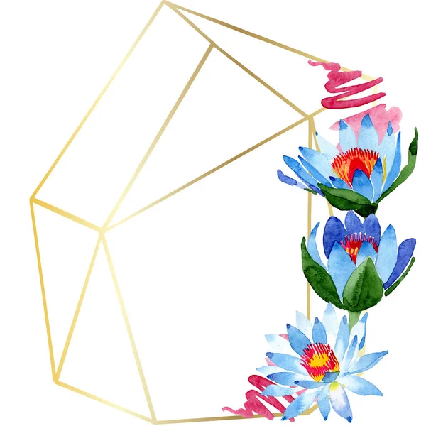 Bellissimi fiori di loto blu isolati su bianco. Illustrazione acquerello sfondo. Acquerello acquerello. Inquadrare ornamento bordo. Cristallo diamante roccia minerale gioielli . — Foto stock