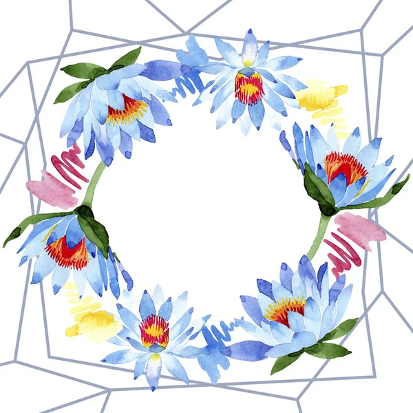 Schöne blaue Lotusblüten isoliert auf weiß. Aquarell-Hintergrundillustration. Aquarell. Rahmen Bordüre Ornament. Kristall Diamant Bergschmuck Mineral. — Stockfoto