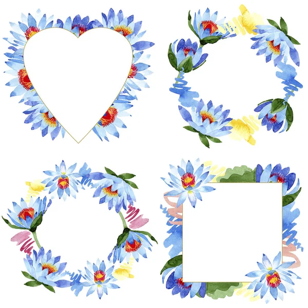 Hermosas flores de loto azul aisladas en blanco. Acuarela fondos establecidos. Acuarela dibujo moda aquarelle. Marcos ornamentos . - foto de stock
