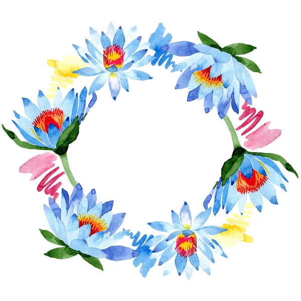 Bellissimi fiori di loto blu isolati su bianco. Illustrazione acquerello sfondo. Acquerello disegno moda acquerello. Ornamento bordo cornice . — Foto stock