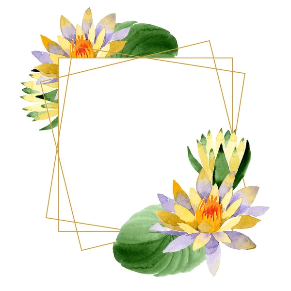 Gelber Lotus. Blütenbotanische Blume. wildes Frühlingsblatt Wildblume isoliert. Aquarell Hintergrundillustration Set. Aquarellzeichnung Modeaquarell isoliert. Rahmen Rand Ornament Quadrat. — Stockfoto