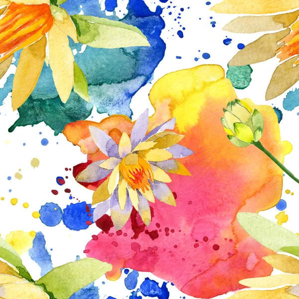 Schöne gelbe Lotusblüten isoliert auf weiß. Aquarell-Hintergrundillustration. Aquarell zeichnen Mode-Aquarell. nahtloses Hintergrundmuster. — Stockfoto