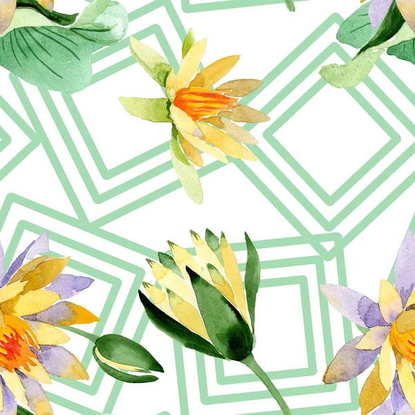 Beautiful yellow lotus flowers isolated on white. Watercolor background illustration. Watercolour drawing fashion aquarelle. Seamless background pattern. — Stock Photo