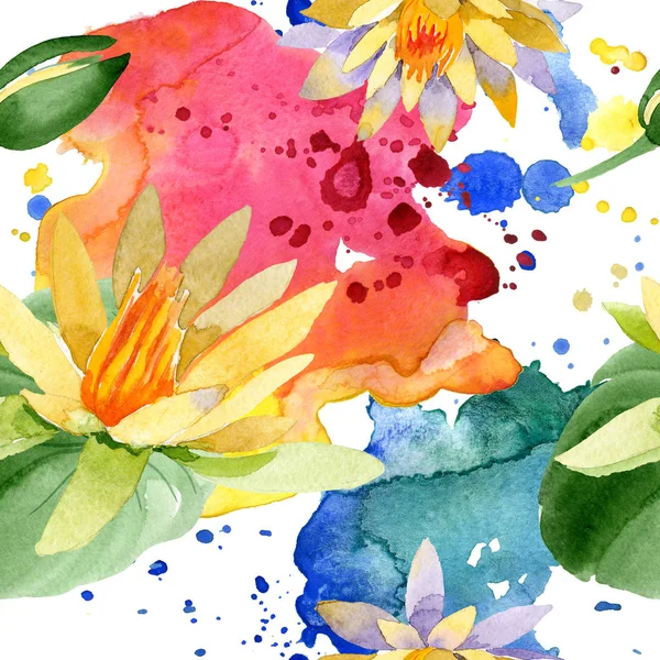 Hermosas flores de loto amarillo aisladas en blanco. Ilustración de fondo acuarela. Acuarela dibujo moda aquarelle. Patrón de fondo sin costuras . - foto de stock