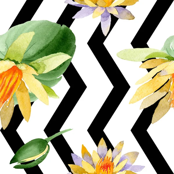 Beautiful yellow lotus flowers isolated on white. Watercolor background illustration. Watercolour drawing fashion aquarelle. Seamless background pattern. — Stock Photo