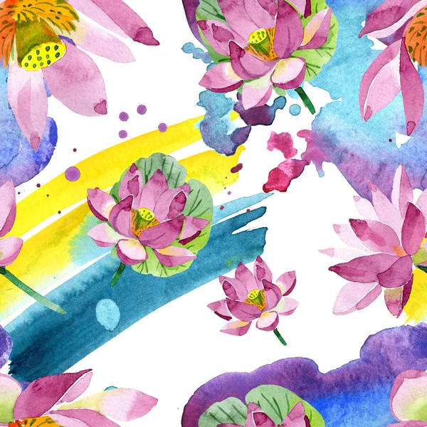 Belles fleurs de lotus violet isolé sur blanc. Illustration de fond aquarelle. Aquarelle aquarelle. Modèle de fond sans couture. Texture d'impression papier peint tissu — Photo de stock