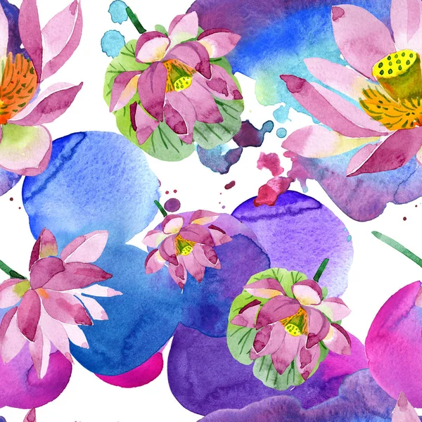 Hermosas flores de loto púrpura aisladas en blanco. Ilustración de fondo acuarela. Acuarela acuarela. Patrón de fondo sin costuras. Textura de impresión de papel pintado de tela - foto de stock