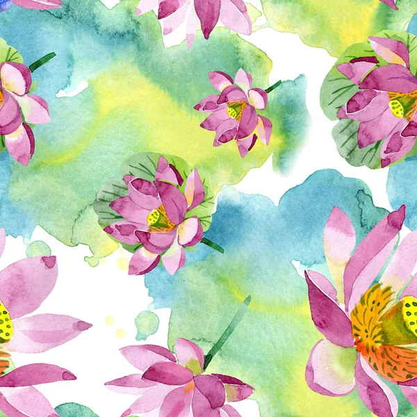 Beautiful purple lotus flowers isolated on white. Watercolor background illustration. Watercolour aquarelle. Seamless background pattern. Fabric wallpaper print texture — Stock Photo