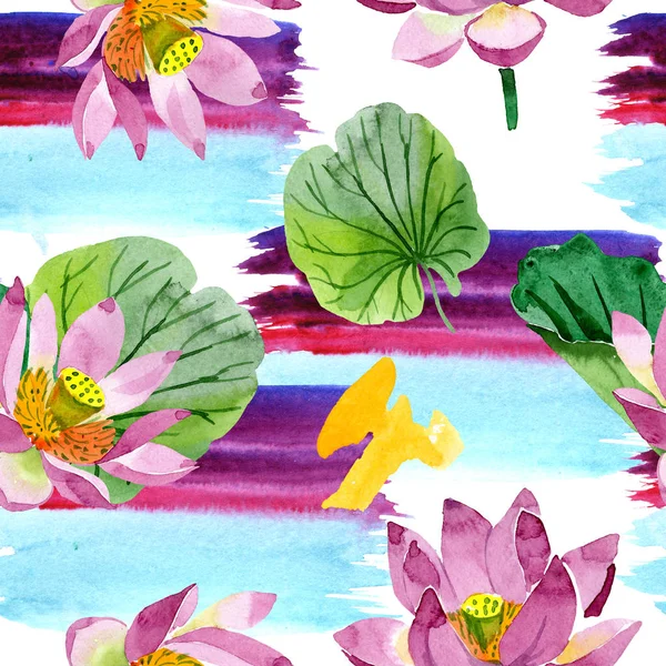 Beautiful purple lotus flowers isolated on white. Watercolor background illustration. Watercolour aquarelle. Seamless background pattern. Fabric wallpaper print texture — Stock Photo