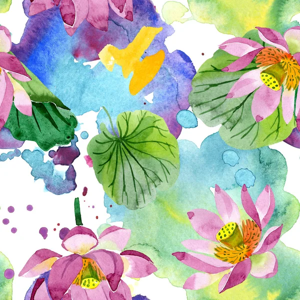Beautiful purple lotus flowers isolated on white. Watercolor background illustration. Watercolour aquarelle. Seamless background pattern. Fabric wallpaper print texture — Stock Photo