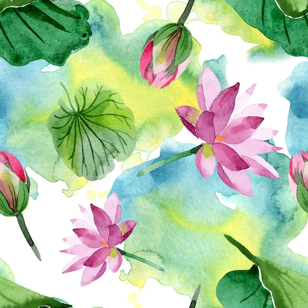 Beautiful purple lotus flowers isolated on white. Watercolor background illustration. Watercolour aquarelle. Seamless background pattern. Fabric wallpaper print texture — Stock Photo