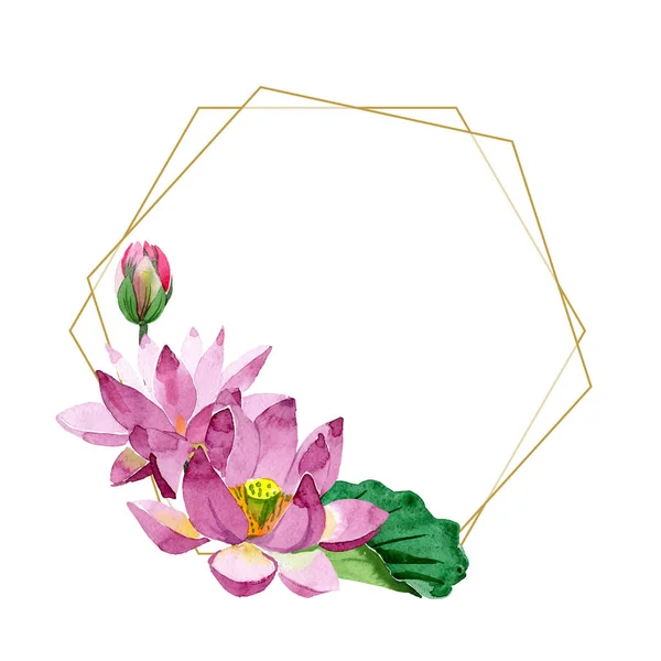 Beautiful purple lotus flowers isolated on white. Watercolor background illustration. Watercolour drawing fashion aquarelle. Frame border ornament crystal. — Stock Photo