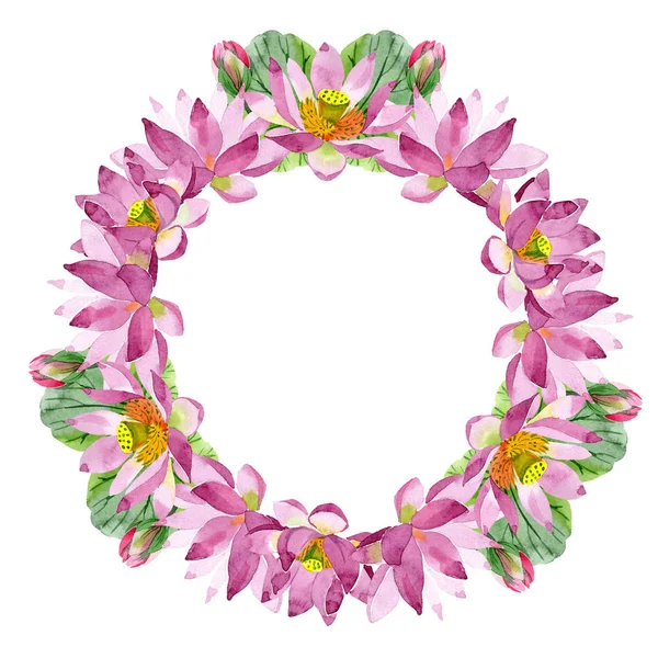 Schöne lila Lotusblüten isoliert auf weiß. Aquarell-Hintergrundillustration. Aquarell zeichnen Mode-Aquarell. Rahmen Bordüre Ornament. — Stockfoto