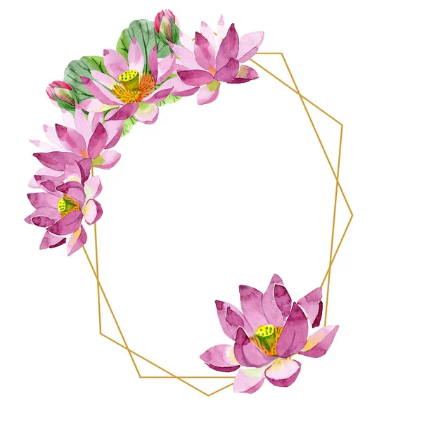 Schöne lila Lotusblüten isoliert auf weiß. Aquarell-Hintergrundillustration. Aquarell zeichnen Mode-Aquarell. Rahmen Rand Ornament Kristall. — Stockfoto