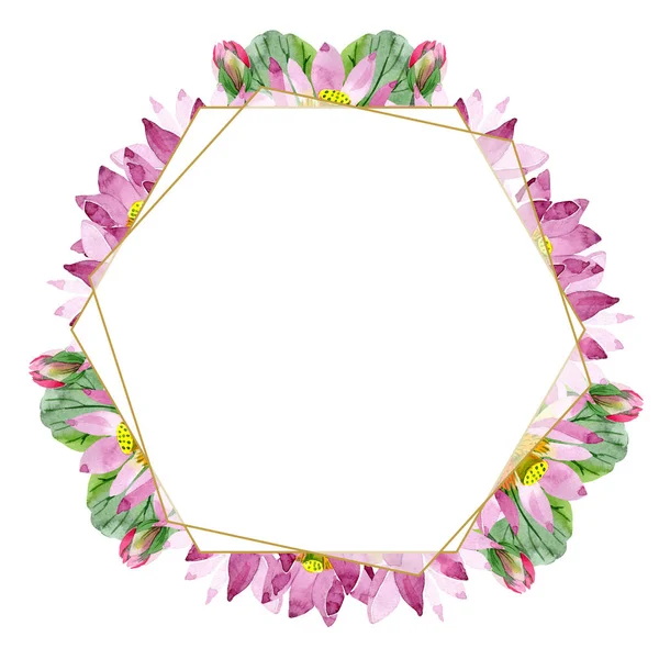 Schöne lila Lotusblüten isoliert auf weiß. Aquarell-Hintergrundillustration. Aquarell zeichnen Mode-Aquarell. Rahmen Bordüre Ornament. — Stockfoto