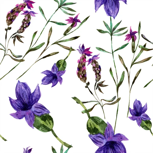 Bellissimi fiori di lavanda viola isolati su bianco. Illustrazione acquerello sfondo. Acquerello disegno moda acquerello. Modello di sfondo senza soluzione di continuità . — Foto stock