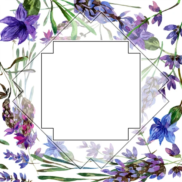 Beautiful purple lavender flowers isolated on white. Watercolor background illustration. Watercolour drawing fashion aquarelle. Frame border ornament. — Stock Photo