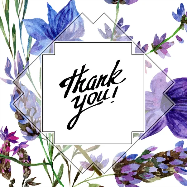 Beautiful purple lavender flowers isolated on white. Watercolor background illustration. Watercolour drawing fashion aquarelle. Frame border ornament. Thank you inscription — Stock Photo