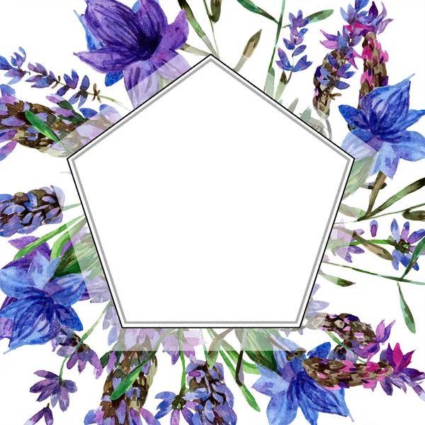 Hermosas flores de lavanda púrpura aisladas en blanco. Ilustración de fondo acuarela. Acuarela dibujo moda aquarelle. Marco ornamento frontera . - foto de stock