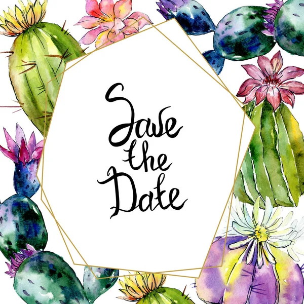 Green cactuses isolated on white. Watercolor background illustration. Watercolour drawing fashion aquarelle. Frame border ornament. Save the date inscription — Stock Photo