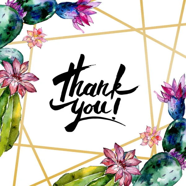Green cactuses isolated on white. Watercolor background illustration. Watercolour drawing fashion aquarelle. Frame border ornament. Thank you inscription — Stock Photo