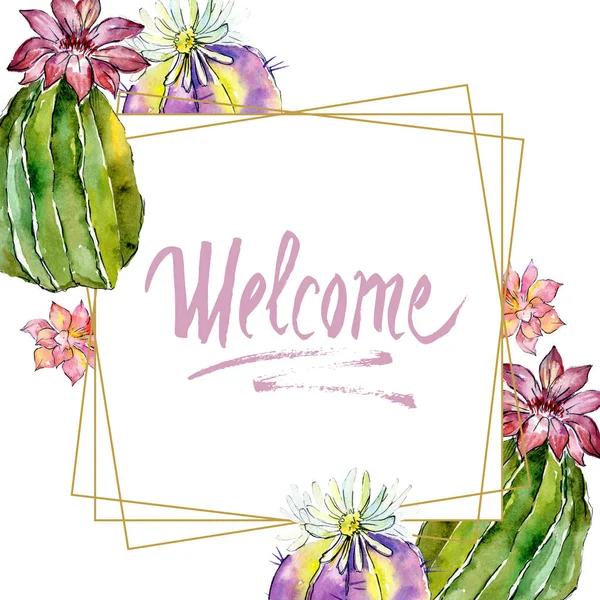 Green cactuses isolated on white. Watercolor background illustration. Watercolour drawing fashion aquarelle. Frame border ornament. Welcome inscription — Stock Photo